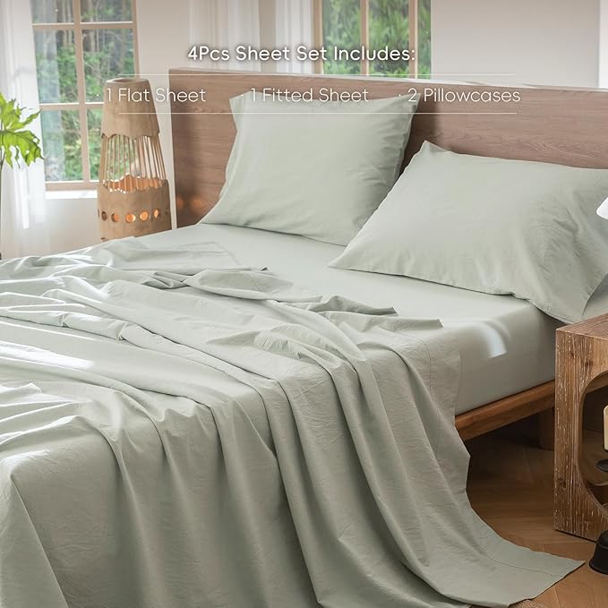 MooMee Bedding Sheet Set 100% Washed Cotton Linen Like Textured Breathable Durable Soft Comfy (Heathered Sage Green, King)