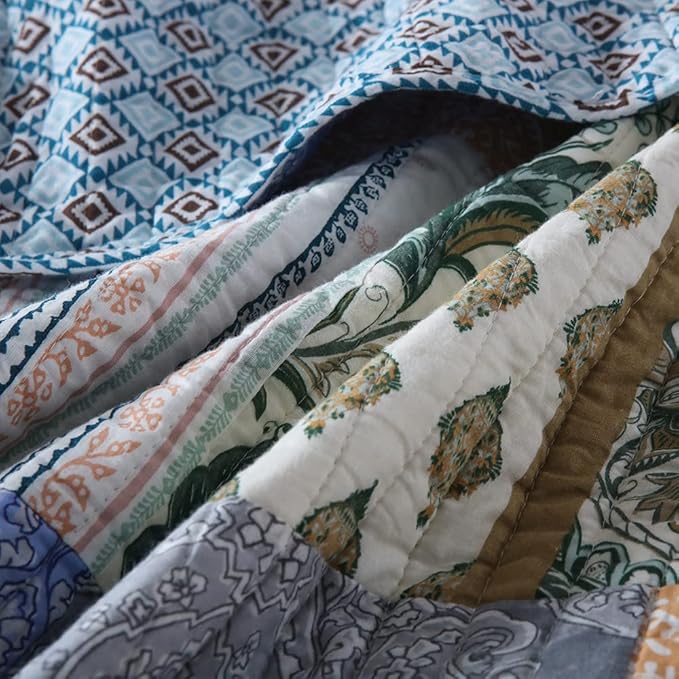 Autumn Dream Cotton Bedspread Quilt Sets Reversible Bedding Coverlet Sets Comforter, Bohemian Paisley Patchwork Blue Bedspread, King Size