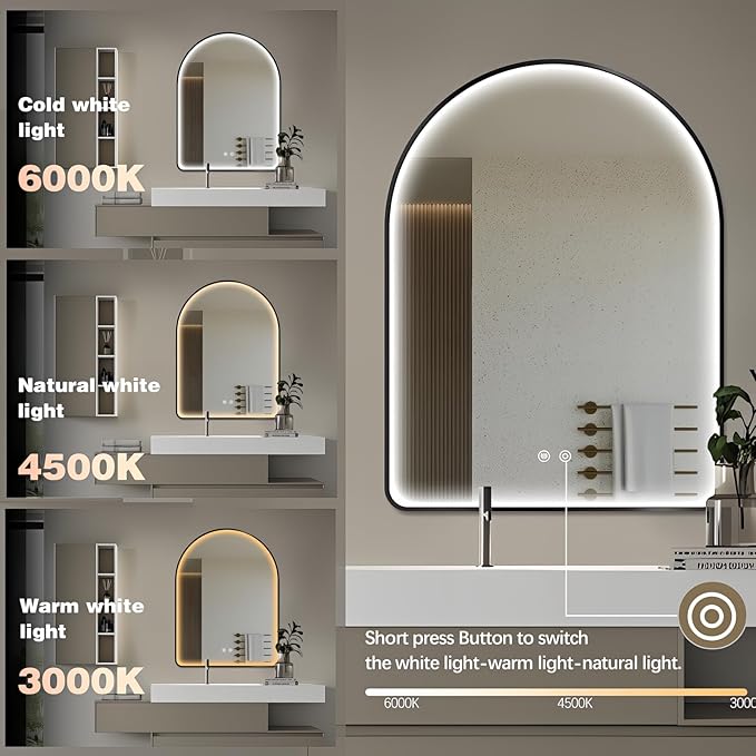 Niccy Arched LED Bathroom Mirror, 40"x30" Black Framed Arch Wall Lighted Mirrors, Arching Frontlit Vanity-Mirror with Memory Function for Bathroom Bedroom, Defogger and 3 Color, Explosion-Proof
