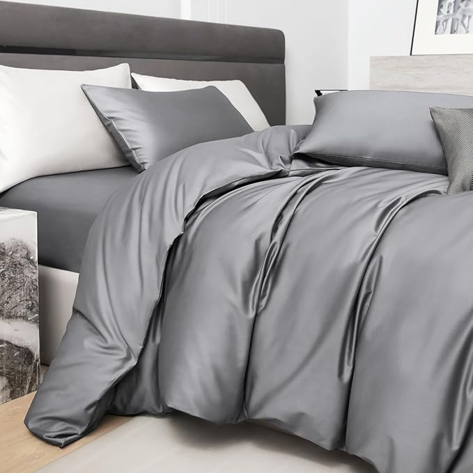 PURE ERA Duvet Cover Set 800 Thread Count Long Staple Cotton Sateen Silky Soft Luxurious Smooth 3 Piece Set Solid Deep Grey Queen