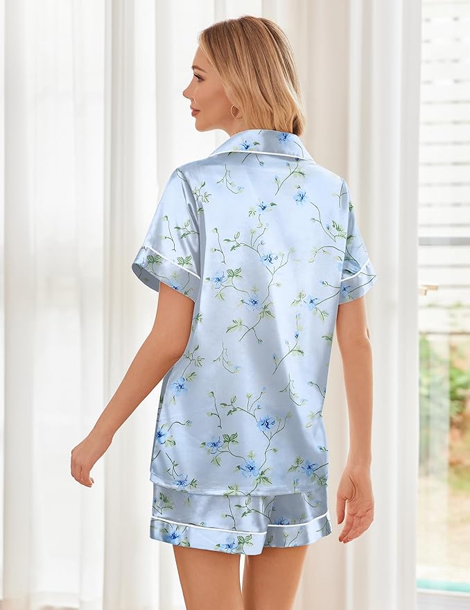 Ekouaer Pajamas for Women Set Silk Satin Pjs Shorts Sleepwear 2 Piece Loungewear S-XXL