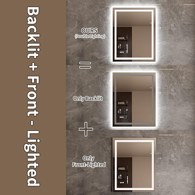 Bathroom Mirror with Lights 32"X40" with Front Light and Backlit, Tempered Glass, Wall Mount Horizontal/Vertical, Stepless Dimmable, 3 Colors, Anti Fog, Bathroom Memory LED Mirror