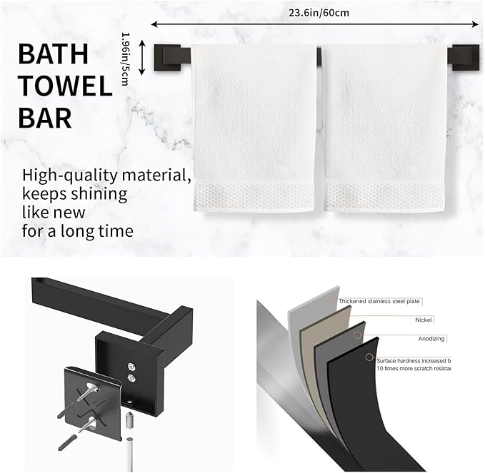 10-Pieces Matte Black Bathroom Accessories Set, 23.6 Inch Bath Towel Bar Set, SUS 304 Stainless Steel Bathroom Hardware Set, Towel Racks for Bathroom Wall Mounted.
