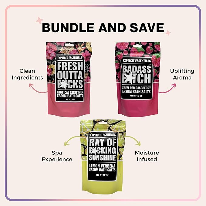 Bath Salt Gift Set for Women – 3-Pack of 12oz Aromatherapy Soaks – Relaxation Spa Gift – Sweet Raspberry, Lemon Verbena, Tropical Scented