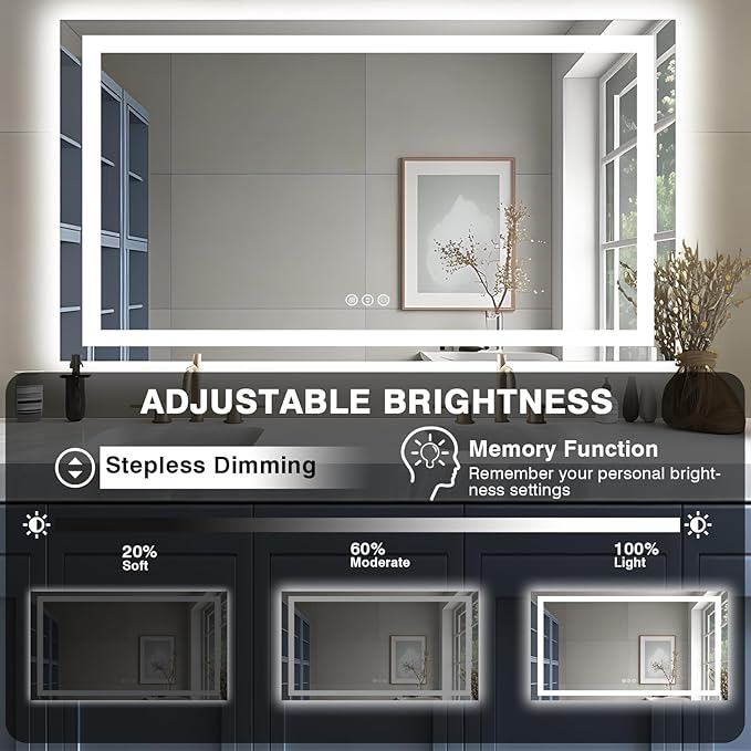 55"x30" LED Bathroom Mirror, Front & Backlit, Anti-Fog Vanity Mirror with Dimmable Lights, 3 Colors Smart Mirror (Horizontal/Vertical)