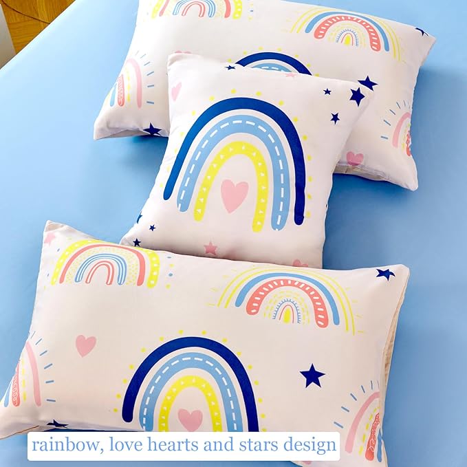 ANGIYUIN 6Pcs Beige Rainbow Queen Comforter Set Cartoon Rainbow Love Hearts and Stars Girl Bedding Set for Kids Girls Cute Soft Kid Bed in A Bag with Rainbow Comforter, Sheets, Pillowcases