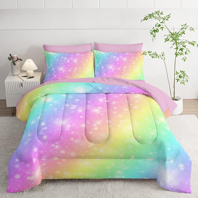 7 Piece Rainbow Comforter Set - Bed in a Bag, Pastel Galaxy Bedding Queen, Soft Microfiber, Kids/Teens/Girls, All Season