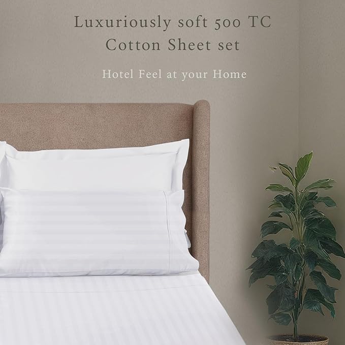 Threadmill 500 Thread Count Twin-XL Size Damask Stripe, 3 Pc Luxury Cotton Bed Sheet Set, Breathable Hotel White Sheets with 15" Elasticized Deep Pocket, 1 Pillowcase & Free Tote Bag