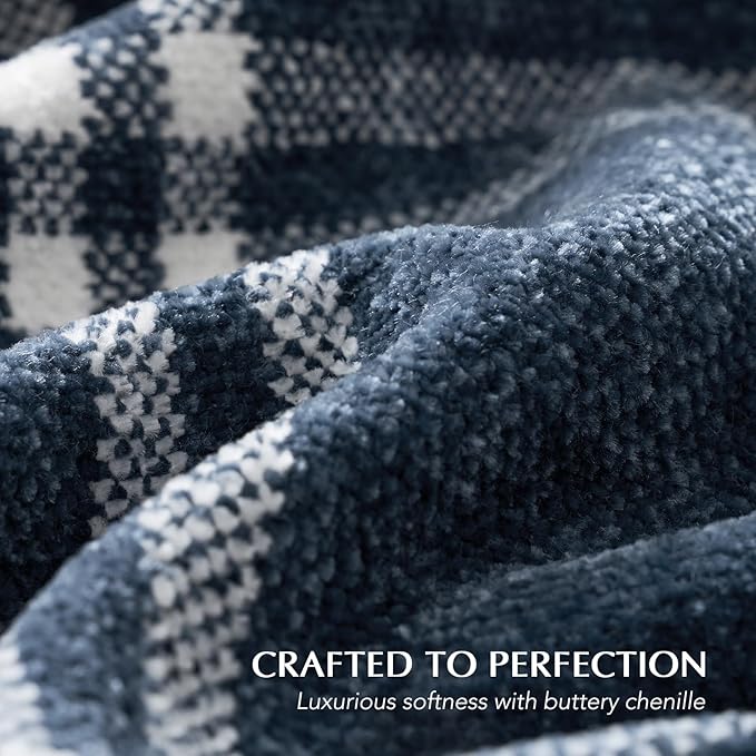 EVERGRACE Plaid Chenille Throw Blanket for Couch, Super Soft Cozy Decorative Windowpane Grid Plaid Throw with Tassels, Lightweight Chenille Knit Throw for Bed Sofa Gift, Navy & White 60”x80”