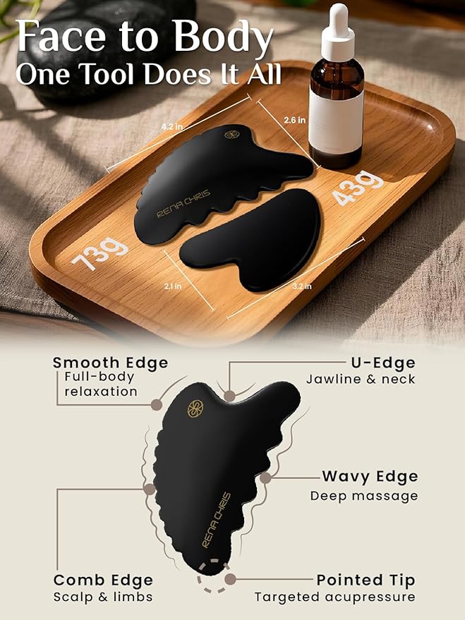 Rena Chris Body Gua Sha Tools, Natural BianStone Guasha Tool, Manual Massage Sticks for Jawline Sculpting and Puffiness Reducing, Whole Body Skin Care Massager (Black)