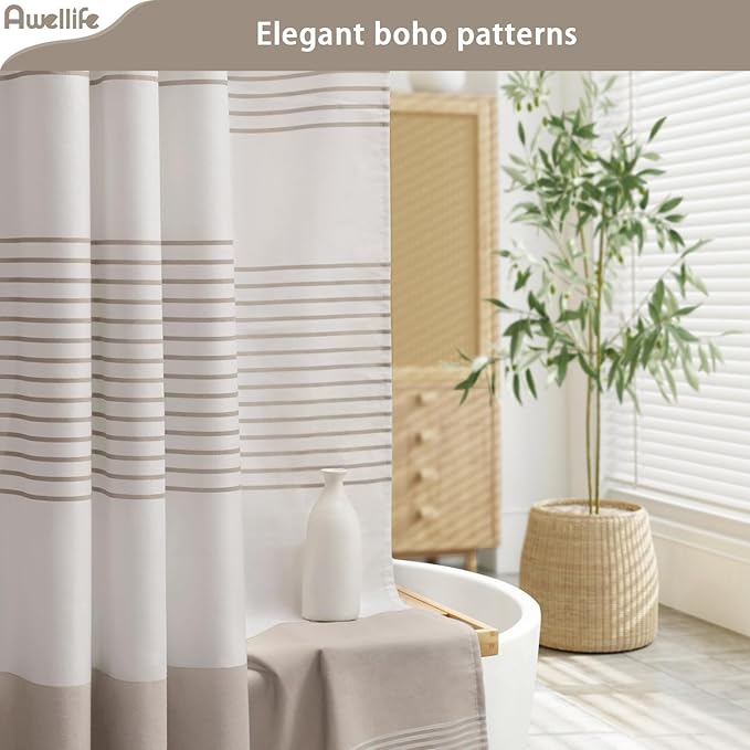Awellife Farmhouse Taupe Shower Curtain for Bathroom Linen Texture Stripe Tassel Shower Curtain 72 X 72 Inches Neutral