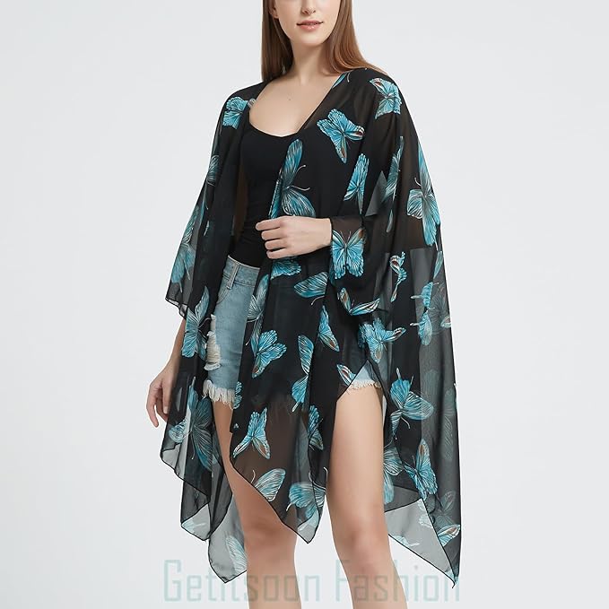 Women's Bohemian Floral Chiffon Beach Cover up Swimsuit Kimono Summer Swimwear Cardigans