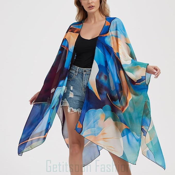 Women's Bohemian Floral Chiffon Beach Cover up Swimsuit Kimono Summer Swimwear Cardigans