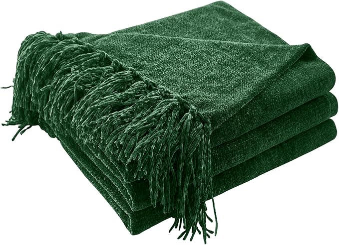 CozeCube Chenille Throw Blanket for Couch, Cozy Plush Fuzzy Decorative Christmas Green Blanket with Fringe Tassels, Lightweight Throws for Bed Sofa Gift Home Decor, 50"X60"