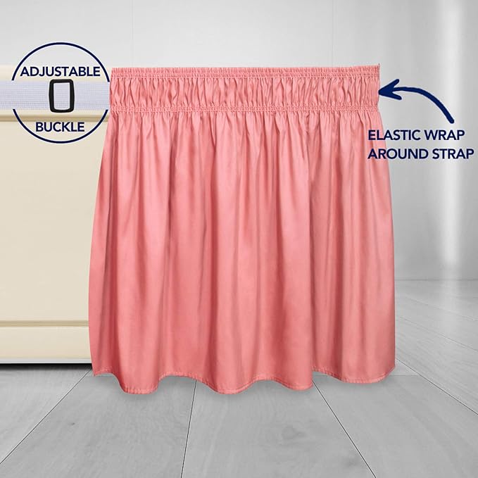 PureFit Wrap Around Ruffled Bed Skirt with Adjustable Elastic Belt - 18 Inch Drop Easy to Put On, Wrinkle Free Bedskirt Dust Ruffles, Bed Frame Cover for Queen, King and C-King Size Beds, Pink