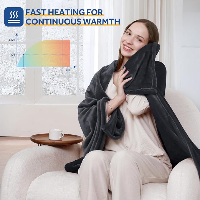 Sealy Heated Blanket Electric Throw 50"x60", Soft Double Flannel Electric Blanket with 6 Heat Levels & 2-10 Hours Auto Shut Off, Machine Washable, Even Heat Distribution, Charcoal