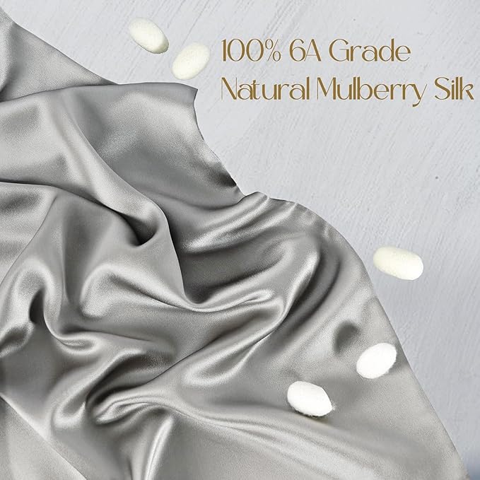 ZIMASILK 100% Pure Mulberry Silk Pillowcase 2 Pack, Soft and Smooth,Both Sides Premium Grade 6A Silk,600 Thread Count,with Hidden Zipper (Queen 20''x30'',Grey)