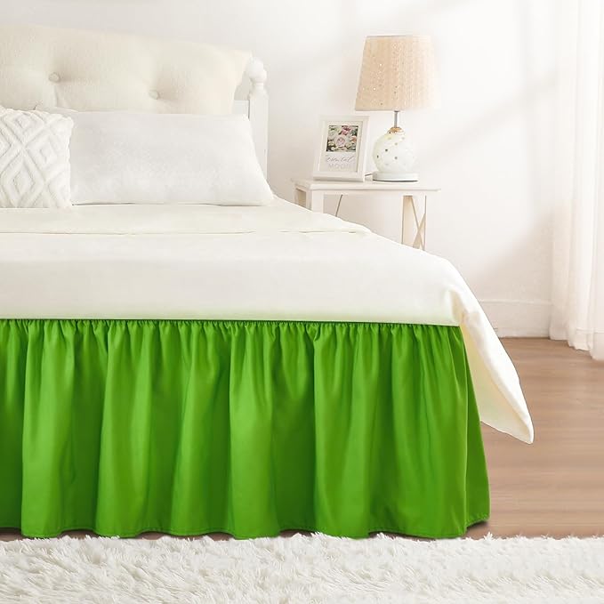 RIMELA Green Bed Skirt Queen Size 15 Inch Drop, Elastic Bed Skirting for Bed Base and Frame, Bedding Dust Ruffle Easy to Install, Lightweight Wrap Around Adjustable Bedskirt