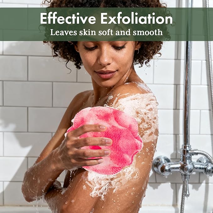 African Net Sponge Authentic 3 Pieces with Storage Bag, African Exfoliating Net Sponge Washcloth, Exfoliating Body Scrubber Bath Sponge Bathing Accessories (Rose, Purple, Bright Yellow)