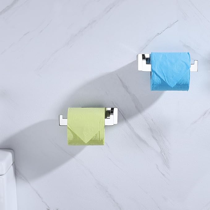 LANC Chrome Toilet Paper Roll Holder, Self-Adhesive Tissue Holder Wall Mounted for Bathroom Office Stick On Toilet Paper Holder with Stainless Steel Silver Left and Right 2 Pack, A8307CP-LRP2