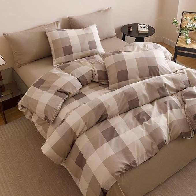 Cottonight Checkered Khaki Comforter Set King Men Gingham Grid Bedding Set Khaki and Cream Coffee Grid Comforter Fluffy Soft Blanket Quilts Modern Cottagecore Comforter for King Bed