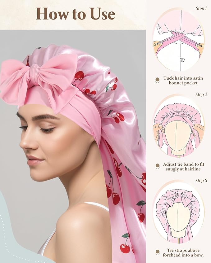 AWAYTR Long Satin Bonnet for Sleeping, Reversible Double Layer Hair Bonnet with Elastic Tie Band (Cherry Print+Pink)