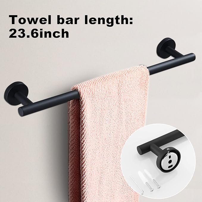 8 Pieces Bathroom Towel Rack Set, Includes 2PCS 23.6 inch Towel bar, 2PCS Towel Hook, 2 PCS Towel Ring, 2PCS Toilet Paper Holder-Matte Black Bathroom Accessories Sets