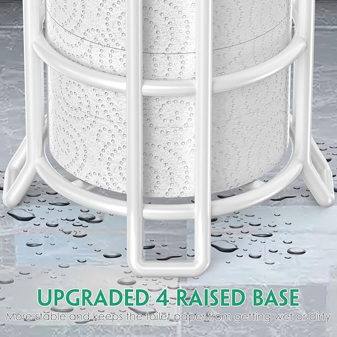 TomCare Toilet Paper Holder Stand with Shelf 4 Raised Feet Upgraded Free Standing Toilet Paper Roll Storage with Tissue Paper Dispenser Metal Bathroom Storage Organization (White)
