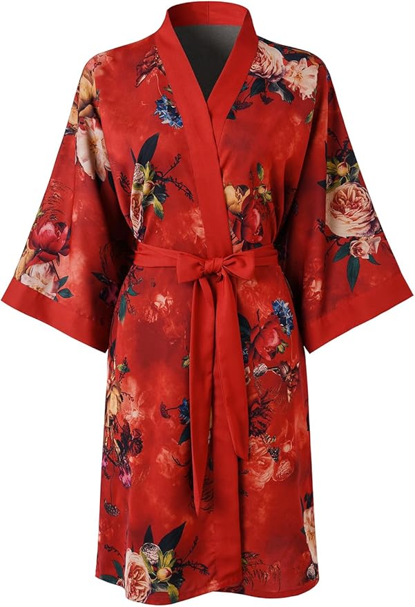 Ledamon Women's Kimono Short Robe for Women - Pocket Floral Bathrobe Nightgown