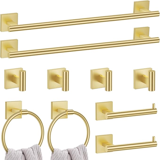 10 Pieces Brushed Gold Towel Bar Set, 23.6 Inch Bathroom Accessories Set SUS304 Stainless Steel Bathroom Hardware Set Towel Racks for Bathroom Wall Mounted.