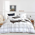 KAREVER White Grid Comforter Set Big Grid Bedding Set Full White Black Plaid Printed Stripes Women Checkered Comforters Bedding Set Girls White Grid Bed Blanket Set White Plaid Full Comforter
