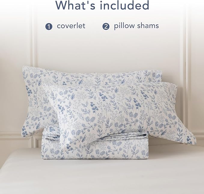 Lady Ann Oversized King Quilt Bedspreads 128x120,Cotton Blue and White Floral & Leaves Pattern California King Size Quilt Bedding Set Extra Large Lightweight Quilted Bedding Coverlet Set 3Pcs