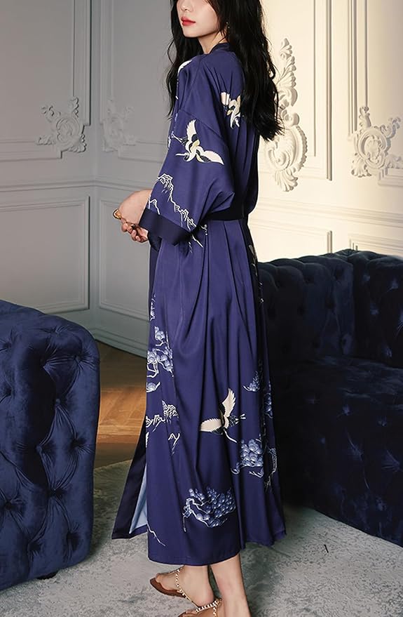 Silk Satin Robe for Women Long Japanese Kimono Robe Lightweight Soft Bathrobe Floral Luxury Dressing Gown