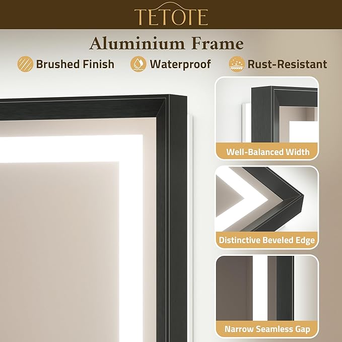 TETOTE 28 x 36 Bathroom LED Mirror Brushed Black Metal Frame Frontlit & Backlit Anti-Fog Stepless Dimmable 3 Colors White/Warm/Natural Mirror with Lights Wall-Mounted