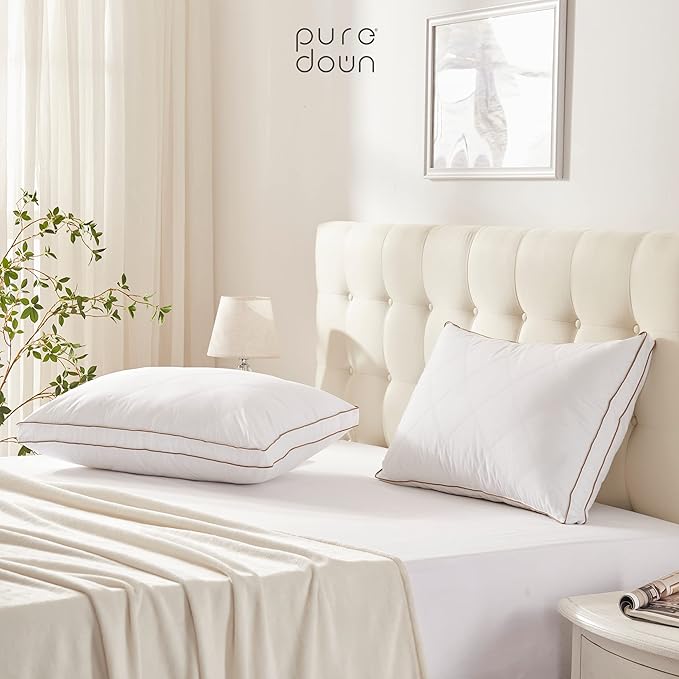 puredown® Goose Feathers and Down Pillow for Sleeping Hotel Collection Bed Pillows, Gusseted, Standard/Queen, Set of 2