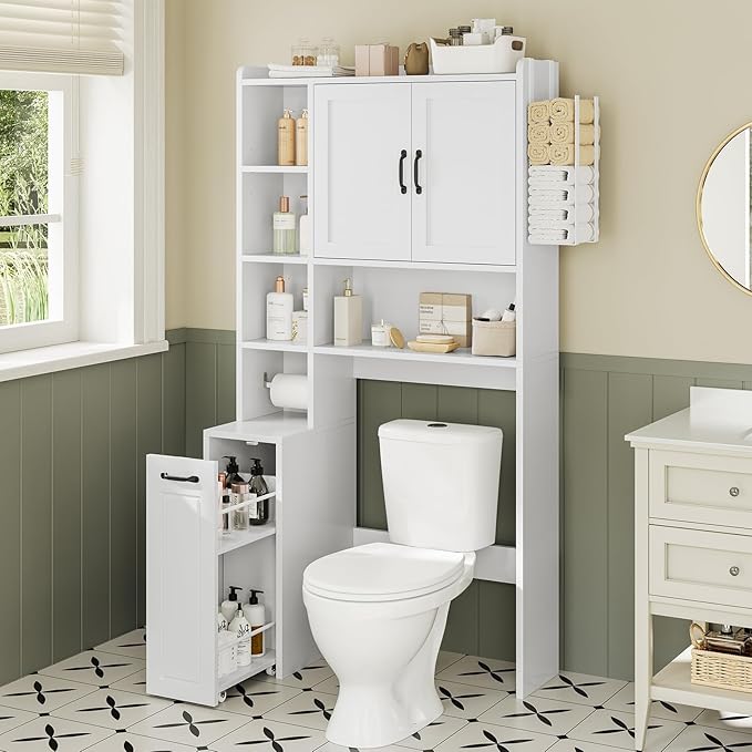Over The Toilet Storage Cabinet with Pulley, Bathroom Cabinet, Space Saver W/Adjustable Shelf Rack for Bathroom, Restroom, Laundry (White-Type B)