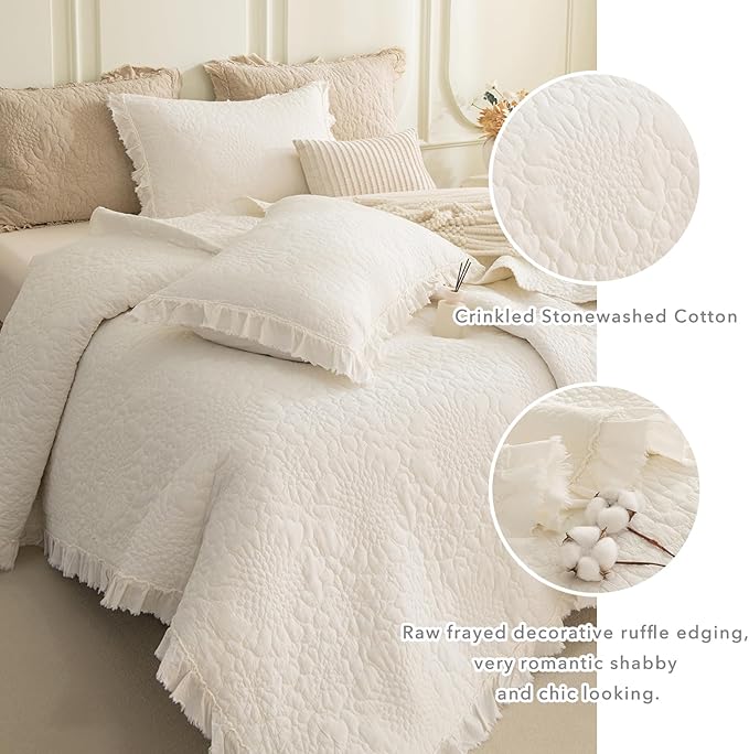 QSH 3PCs Stonewashed Cotton Quilt King (110"x98"),Milk White Ruffled Quilt King Size Bedding Set,Ultra Lightweight Soft Crinkle Bedspread Coverlet King Shabby Farmhouse Chic Bedspreads for All Seasons