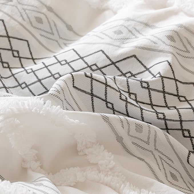Cottonight White Black Boho Comforter Set Queen Farmhouse Tufted Bedding Set Soft Bohemain Shabby Chic Blanket Quilts Embroidery Rustic Luxury Soft 3PCS Bed Set for Women Men