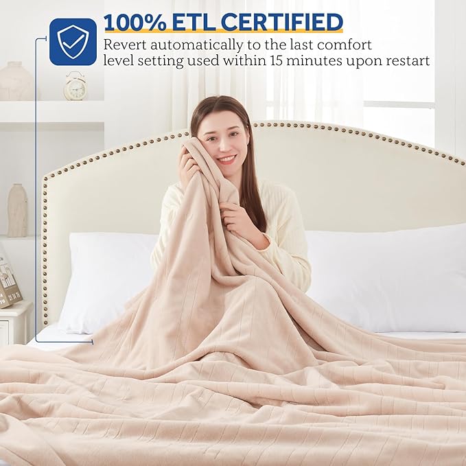 Sealy Electric Blanket Full Size, Flannel Heated Blanket with10 Heating Levels & Auto Shut Off, Machine Washable, Beige, 80 x 84 Inch