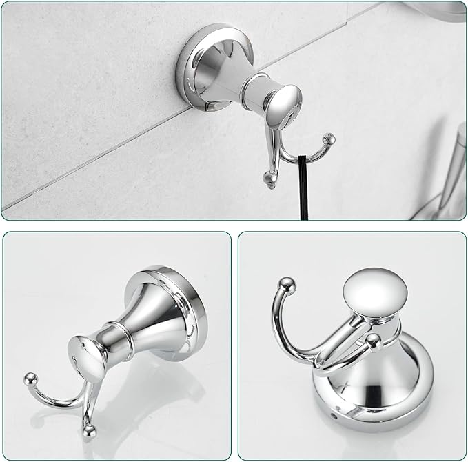 Hoimpro Chrome 4-Piece Bathroom Bath Set, Wall Mount Bathroom Hardware Fixture (Adjustable Towel Bar Rack, Towel Ring Holder, Paper Towel Holder, Double Towel Hook), Bathroom Accessories