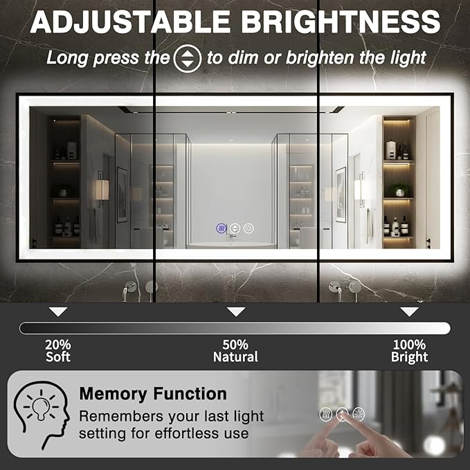 72x40 Large Light up Bathroom Mirror, Wall-Mounted LED Vanity Mirrors, Black Trim and Double Lights, 3 Colors and Stepless Dimming, Anti-Fog, Memory, Shatterproof (Horizontal/Vertical)