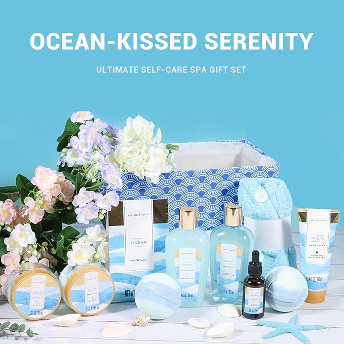 Spa Gift Basket for Women, Spa Luxetique Bath Gift Set - 12 Pcs Ocean Scented Home Bath Kit, Includes Bath Bombs, Body Scrub, Bubble Bath, Body Lotion & More, Spa Set for Women Gift