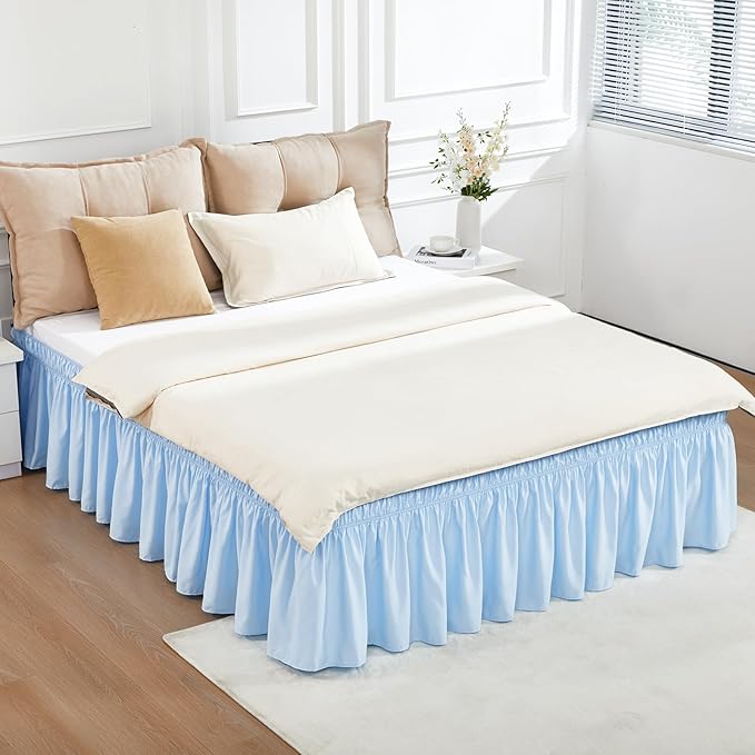 RIMELA Light Blue Bed Skirt King Size 15 Inch Drop, Elastic Bed Skirting for Bed Base and Frame, Bedding Dust Ruffle Easy to Install, Lightweight Wrap Around Adjustable Bedskirt