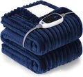 SEALY Heated Blanket Electric Throw, 50"x60" Heating Blanket Throw, 6 Heat Levels & 2-10 Hours Auto-Off Over-Heat Protection, Ribbed Flannel to Sherpa, Machine Washable, Navy Blue