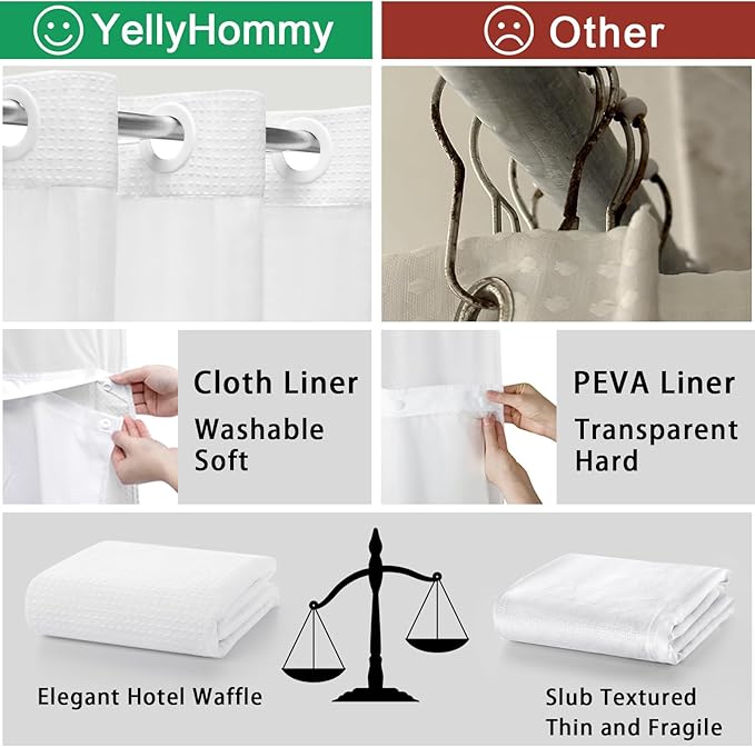 YellyHommy No Hook Shower Curtain with Snap in Fabric Liner Set Less Time White Waffle Shower Curtain for Bathroom 75" L x 72" W