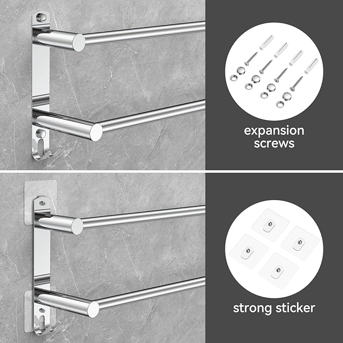 Adjustable Towel Bar for Bathroom Wall Mount17-30.7inch Adhesive Shower Towel Rack Stainless Steel Bath Towel Holders for Toilet Kitchen Double Towel Hanger (2 Layer)