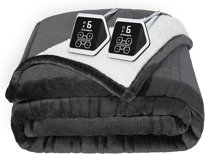 Westinghouse Heated Blanket Queen Size, Soft Flannel to Sherpa Electric Blanket with 10 Heating Levels, 12 Hours Auto Off, Fast Heating Blanket, Machine Washable, 84x90 Inch, Charcoal