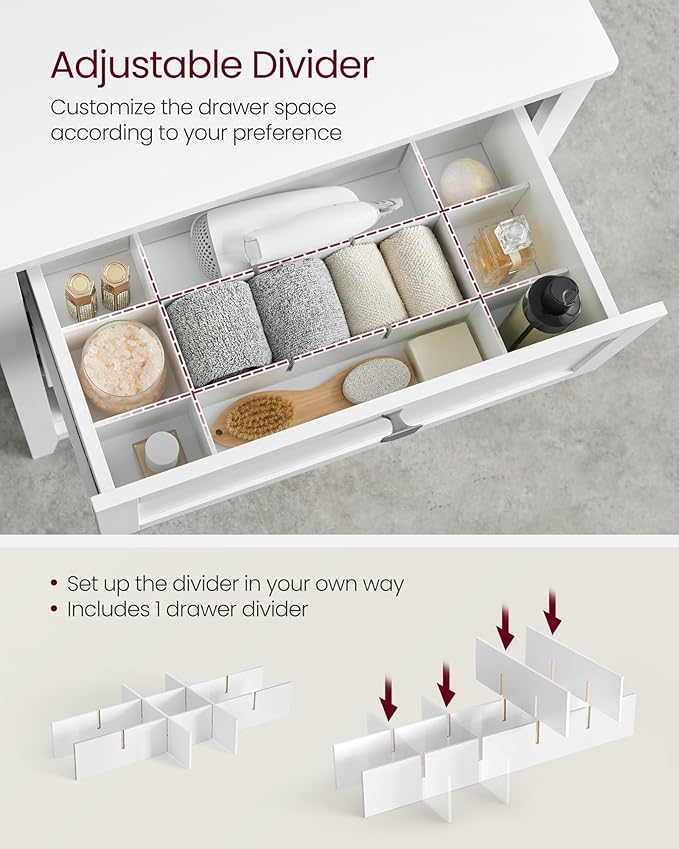VASAGLE Storage Cabinet, Freestanding Floor Cabinet, 2 Drawers with 1 Set of Adjustable Divider, 2 Baskets, Sideboard, 11.8 x 23.6 x 31.5 Inches, for Bathroom, Living Room, Cloud White UBBC545W02