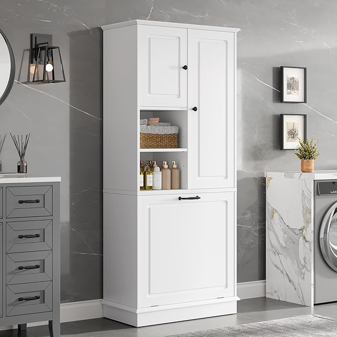 Tall Storage Cabinet with Adjustable Shelves & Flip-Out Basket, MDF Material with Aluminum Alloy Handles, Large Capacity for Bathroom, Kitchen, Living Room, Office Organizer, White