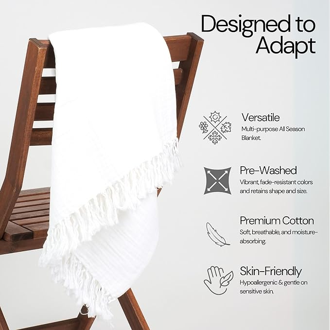 Salt Earth 100% Cotton Muslin Throw Blanket, Gauze Blanket 50"X60" Throw with Tassel 4 Layered for Couch, Bed, Living Room, Lightweight & All Season Blankets & Throws, Nature & Skin Friendly(White)